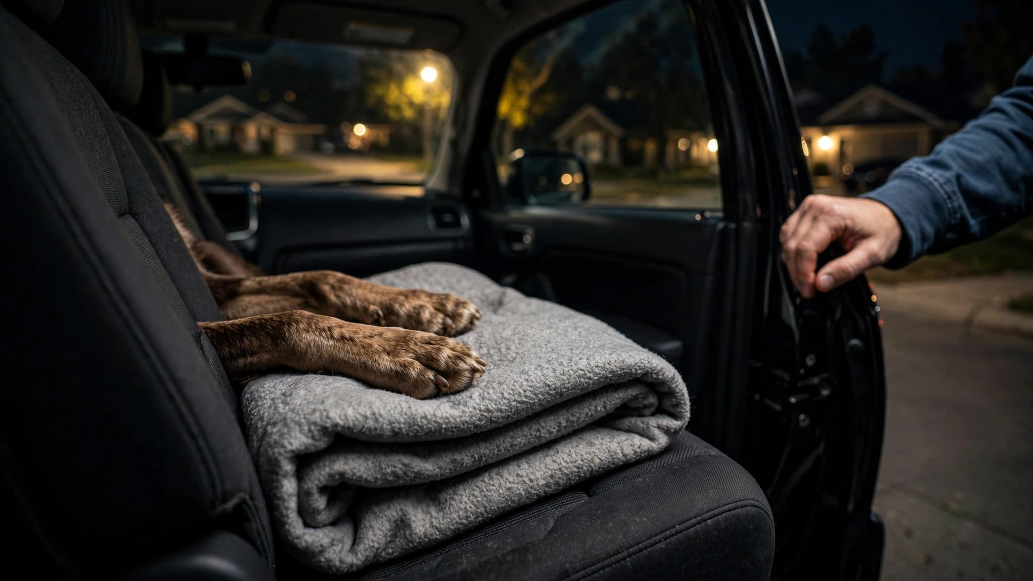 Dog seizure treatment cost: a dog's paws on a folded blanket on an SUV back seat in a North Texas driveway at night
