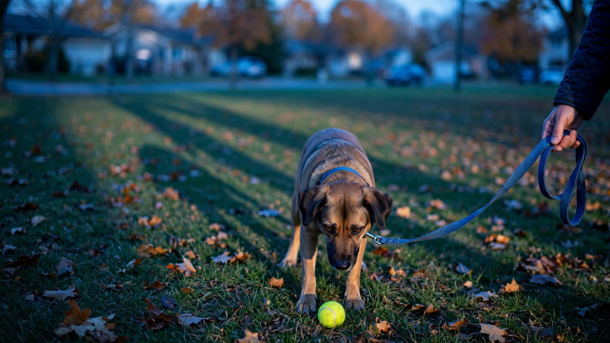 Medium-sized dog with a tennis ball on a suburban park lawn at dusk, its owner's hand resting on a loose leash in cool blue l