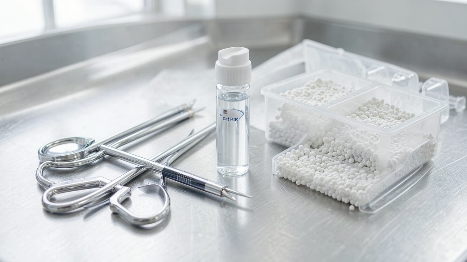 Veterinary diagnostic tools and cat litter accessories on a clinic counter for a cat peeing blood evaluation