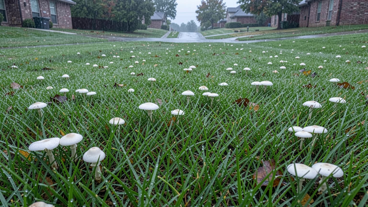 Suburban lawn with wild mushrooms showing why dogs cannot have toxic backyard fungi after rain