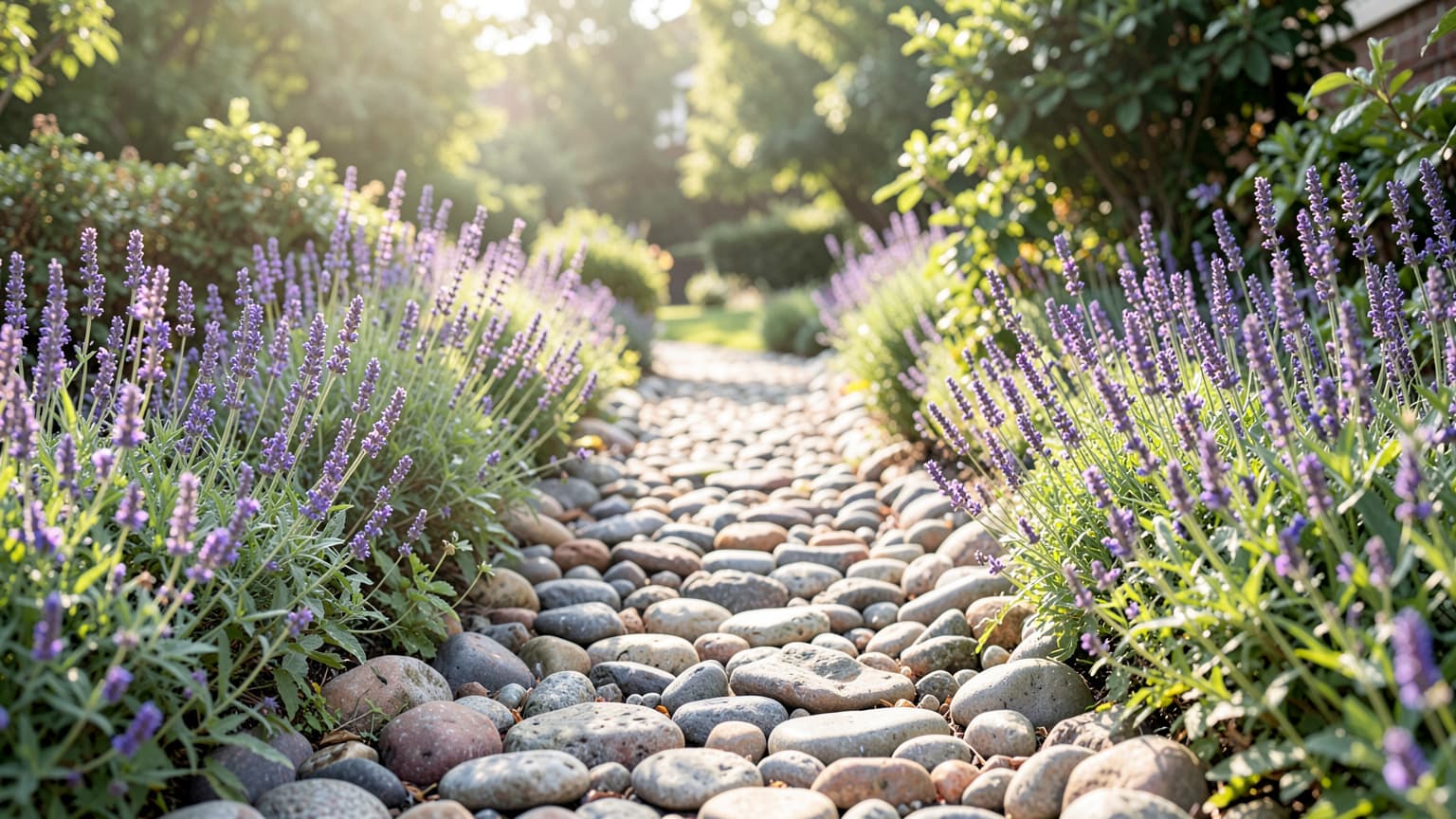 A sunlit Texas garden path with river stones and salvia, suitable as a quiet backyard pet burial site.