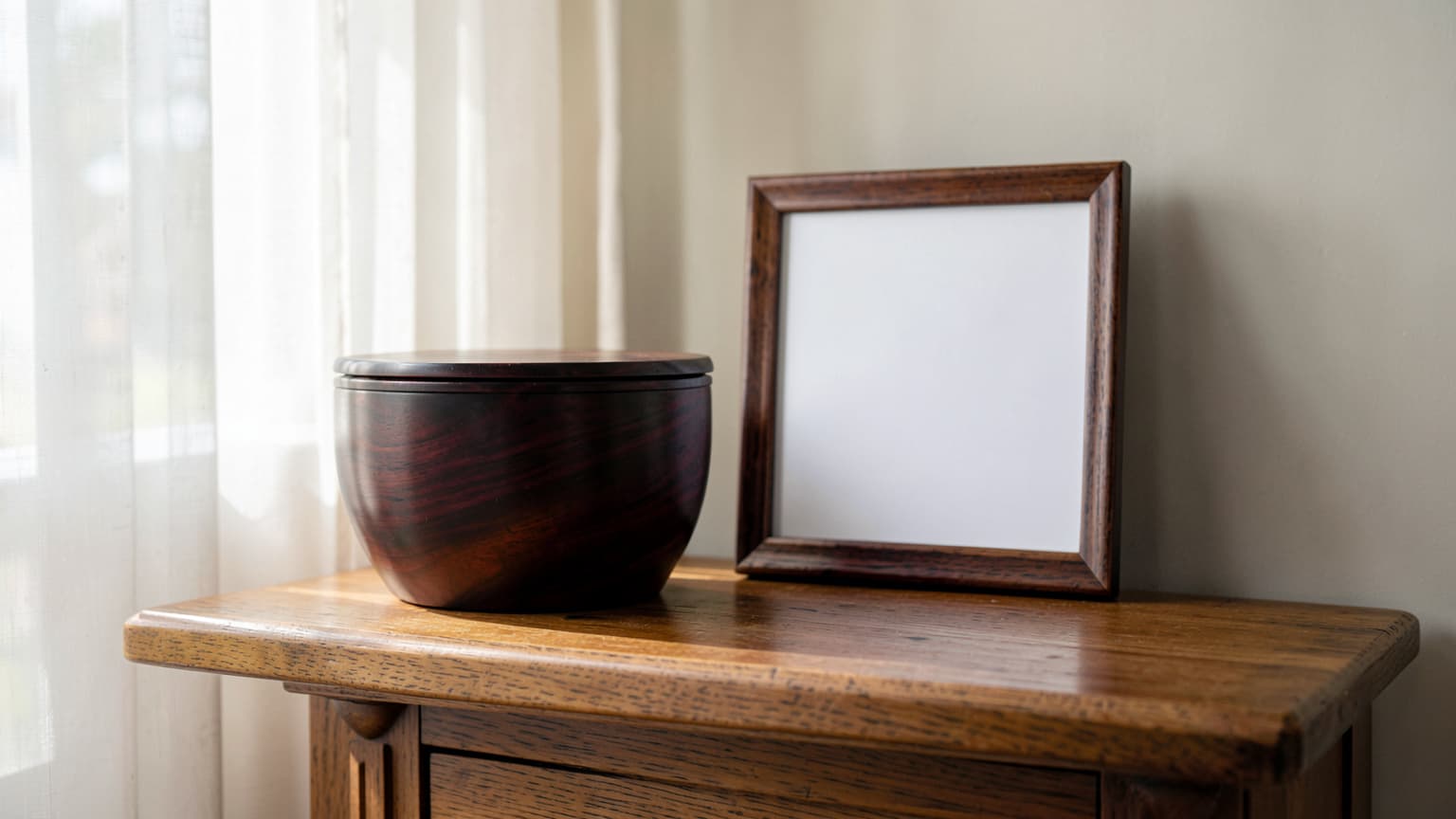 Dark rosewood pet cremation urn and memorial tribute display on a warm wood mantel in natural sunlight.
