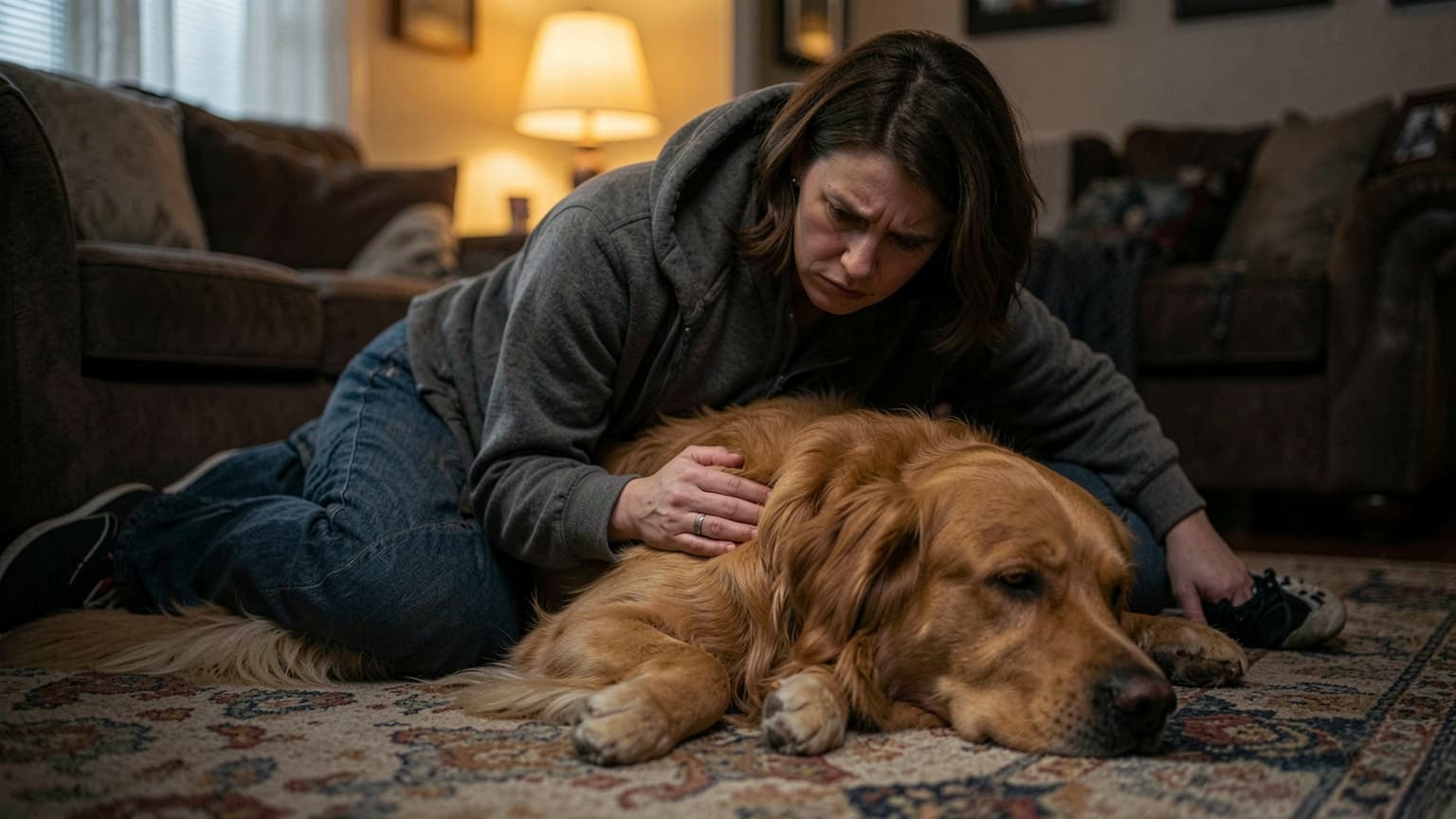 Concerned owner comforting a sick dog resting on a rug before consulting a dog vomit vet