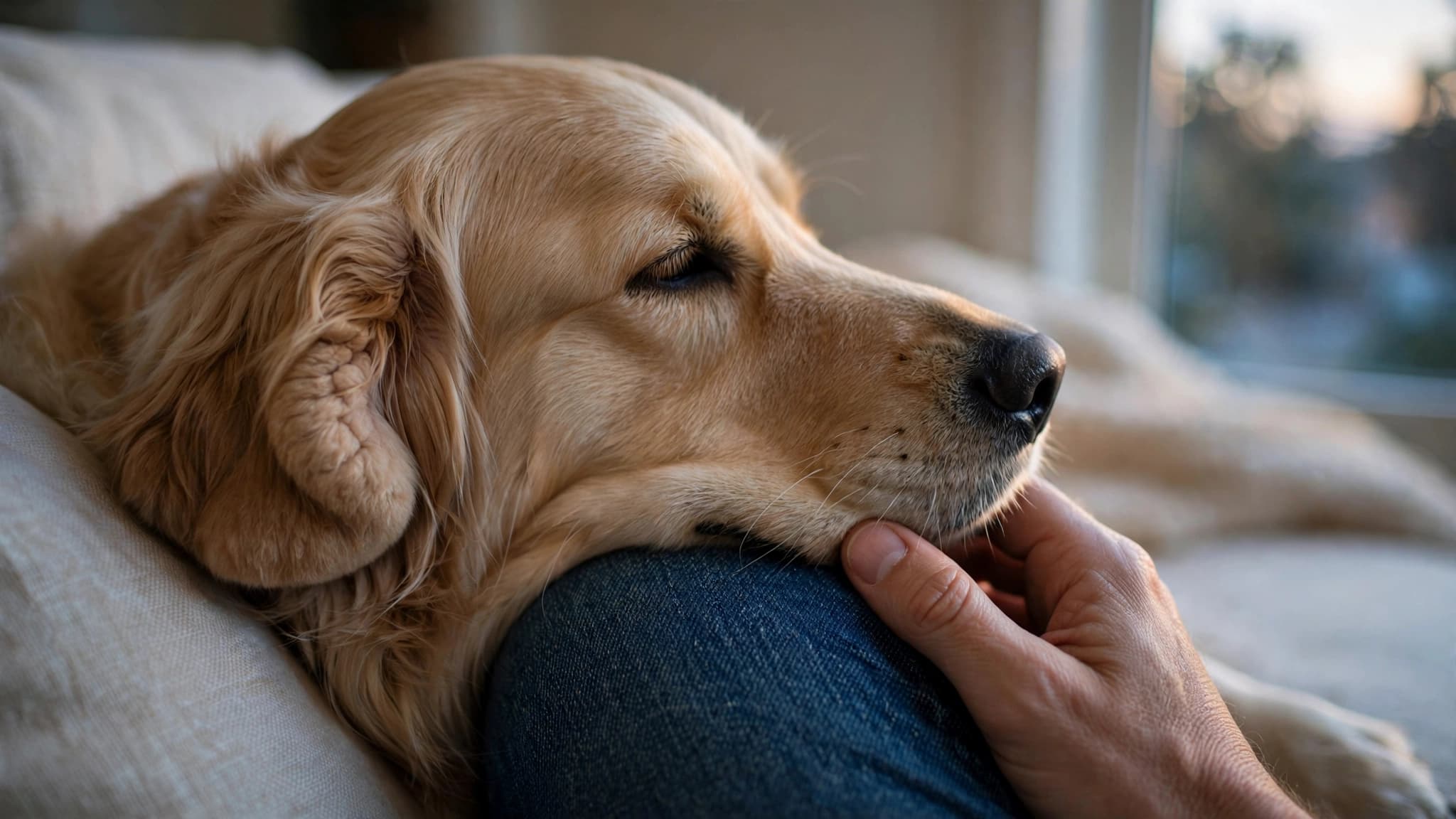 Golden retriever resting its head on an owner's knee, one ear flap thickened and rounded from a dog ear hematoma