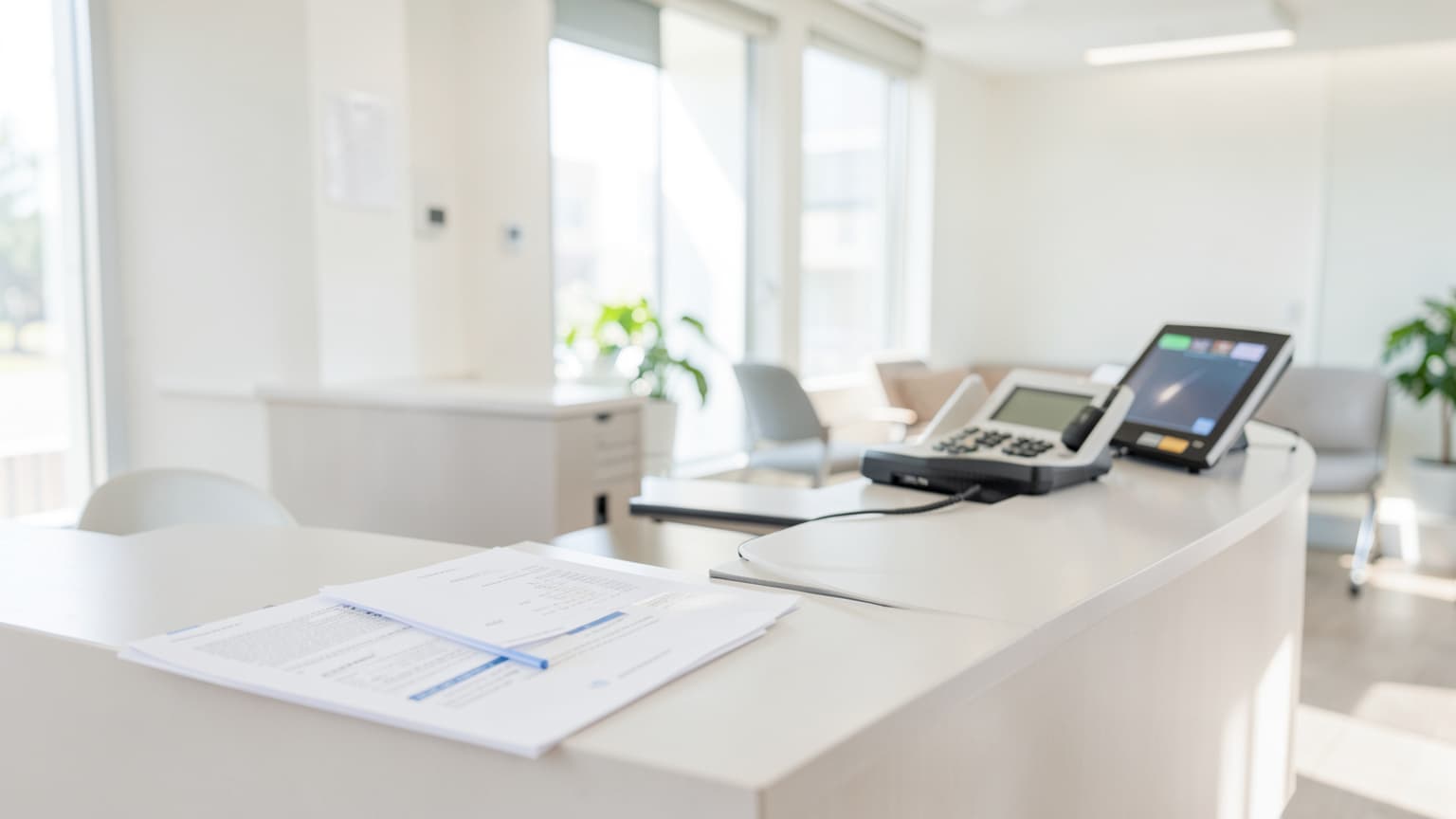 A brightly lit emergency vet reception desk with a card payment terminal for client installment plans.