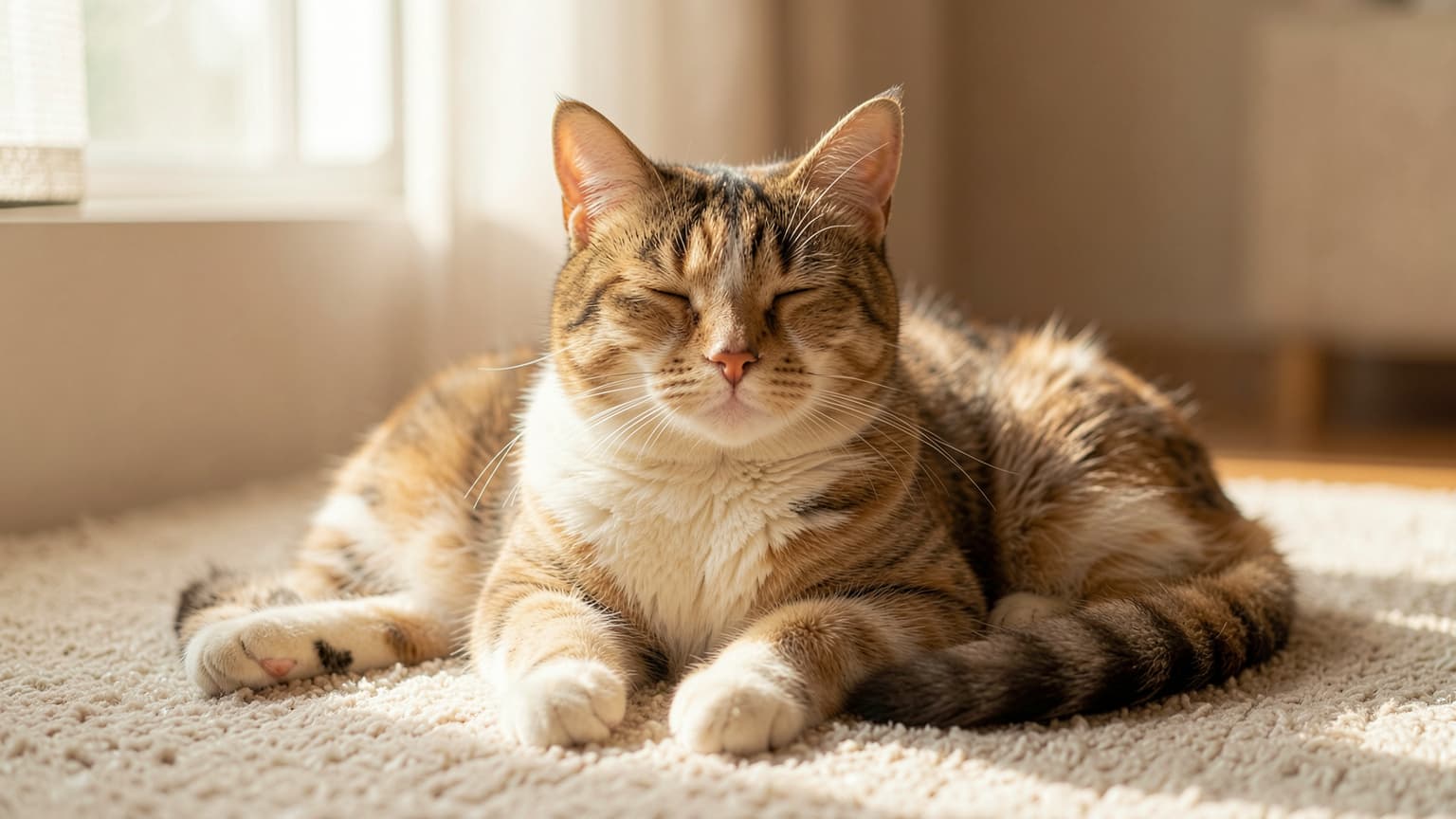 A peaceful domestic cat resting indoors with calm, clear breathing, free from cat coughing distress.