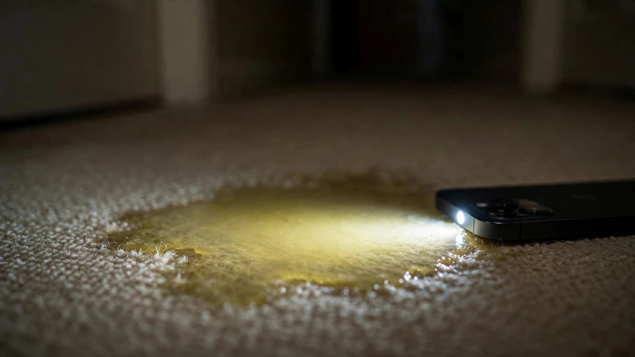 Pale yellow puddle on a beige hallway carpet at 4 a.m., lit by a phone flashlight, for a dog throwing up yellow