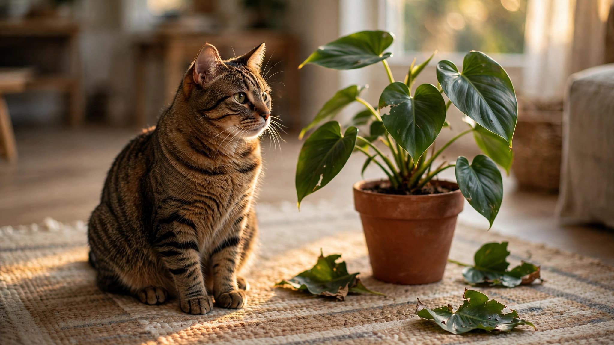 Tabby cat on a living room rug beside a philodendron with torn leaves, a common houseplant linked to cat drooling