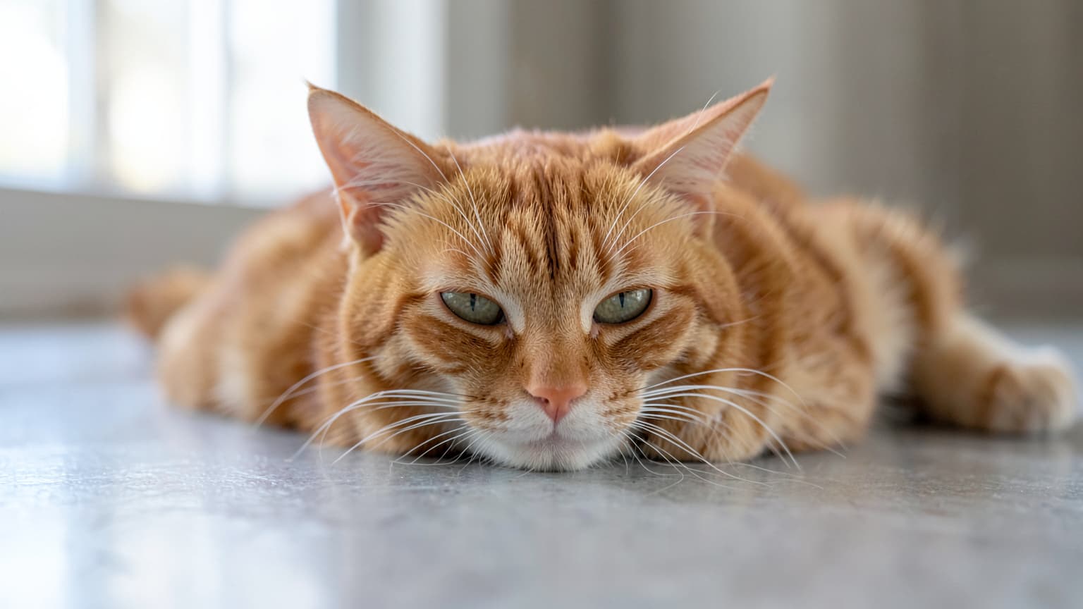 Orange tabby cat lying on the floor, illustrating emergency care for a male cat straining to urinate.