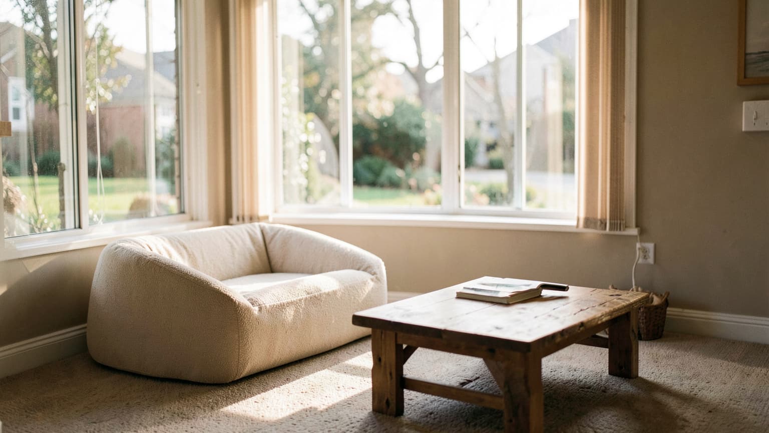 Empty pet bed in a quiet sunlit room, prepared for in-home euthanasia through an emergency hospital referral.