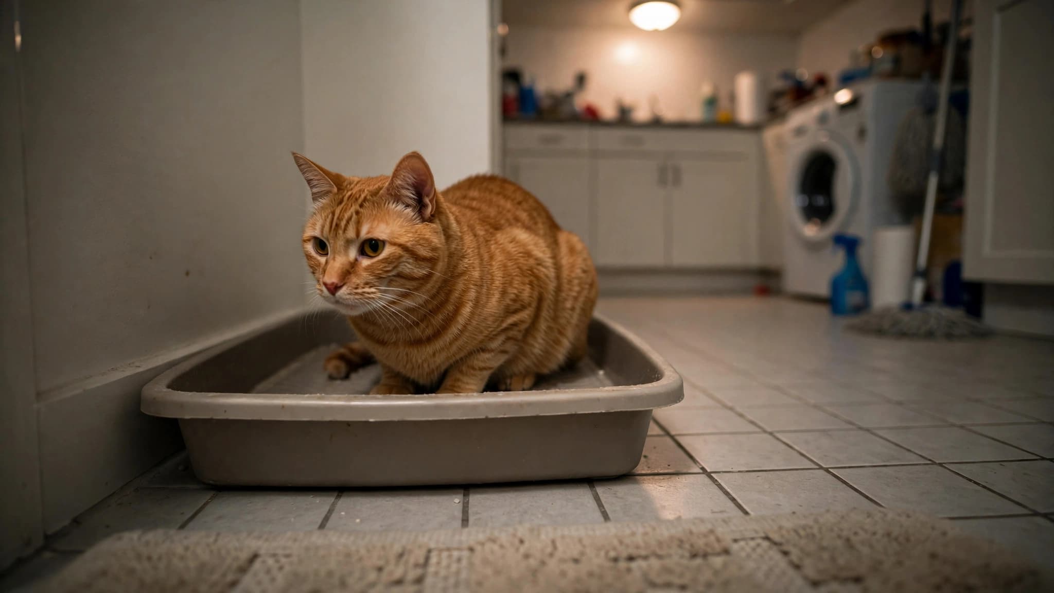 Orange male cat crouched low in a litter box at night, straining, a sign to check for cat constipation or urinary blockage