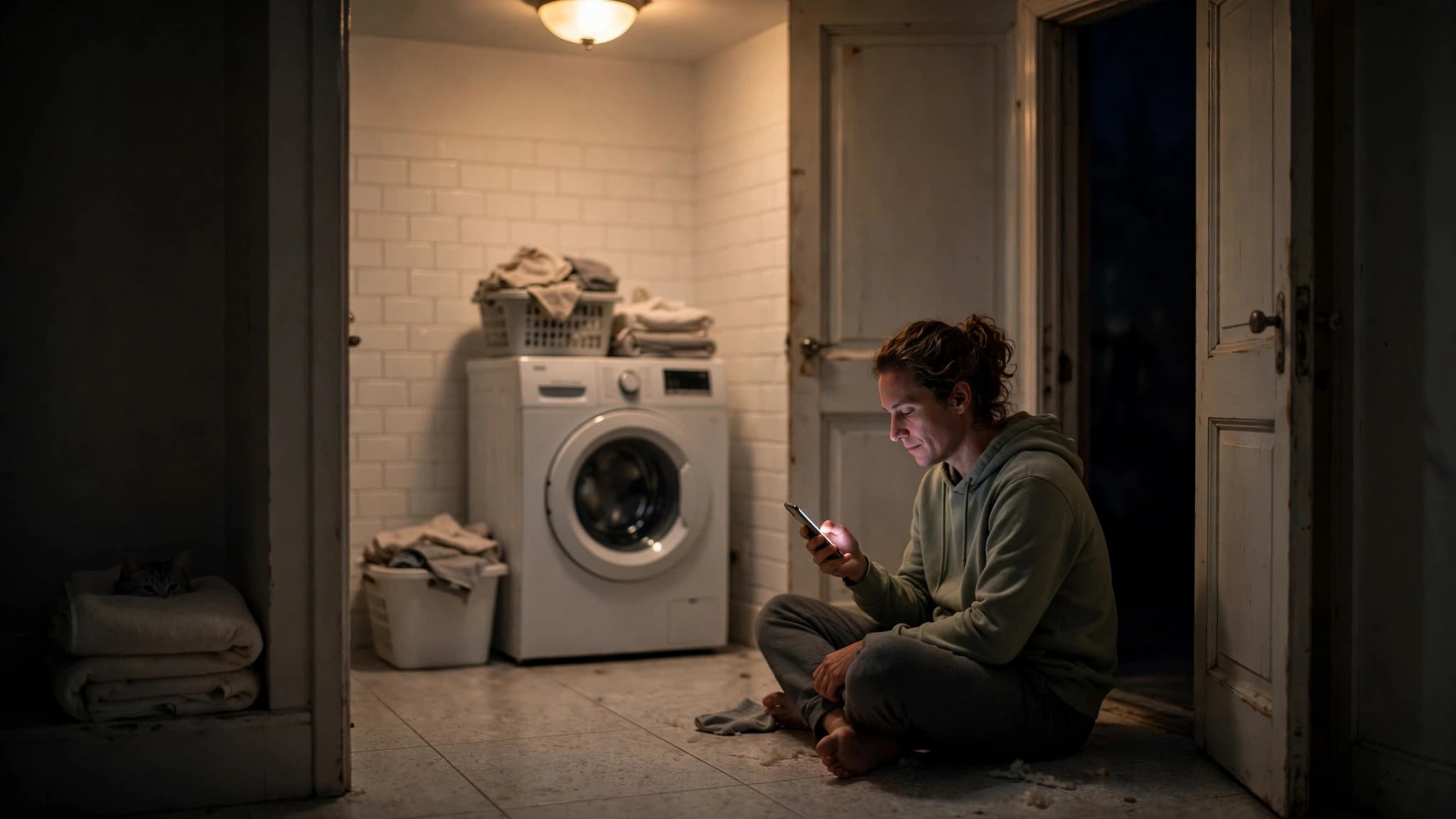 Owner sitting on a laundry room floor at night, phone in hand, watching a cat's ears from a folded towel in a dim corner