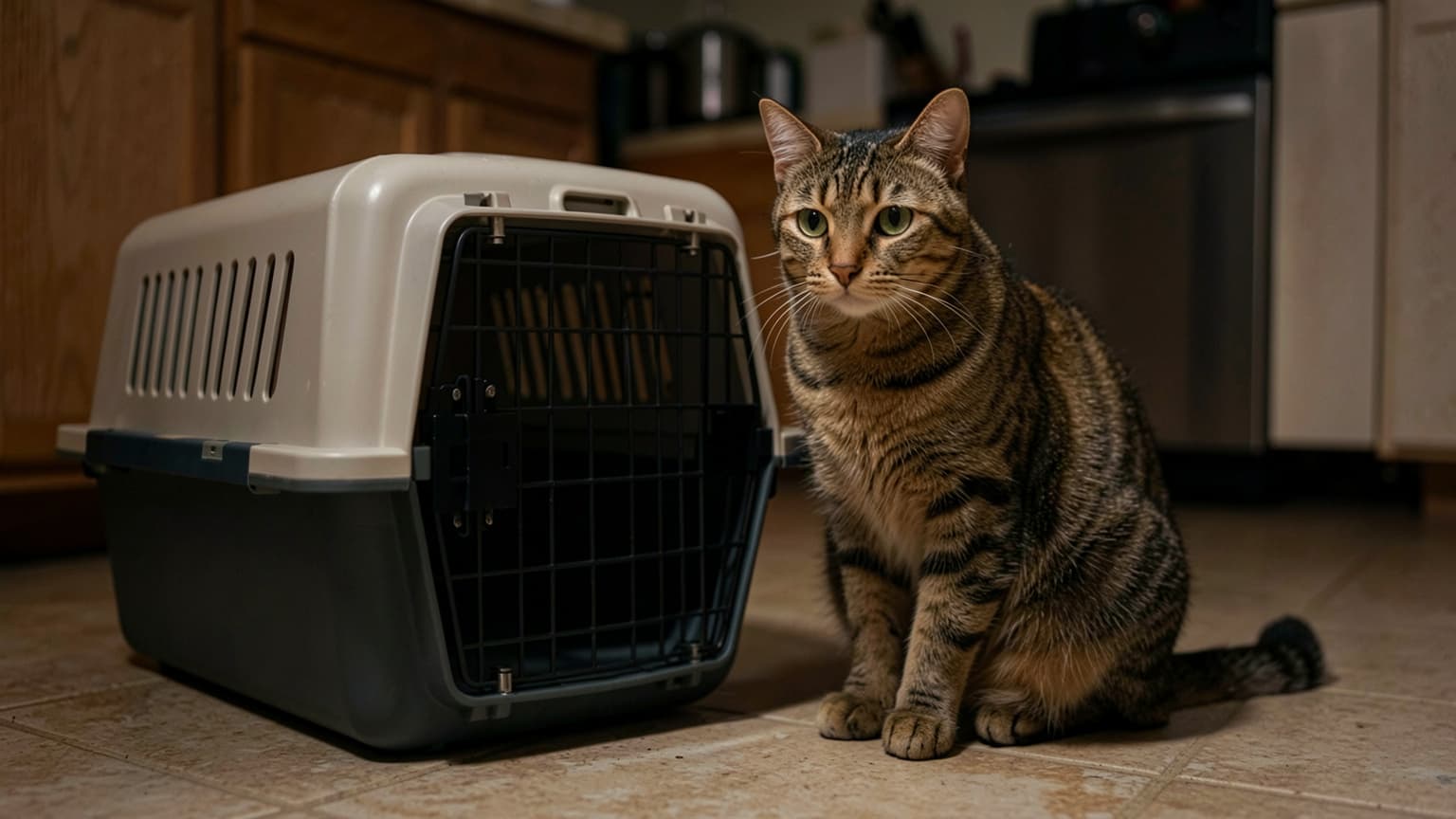 Adult cat sitting beside an open pet carrier at night, evaluated for blood in cat stool.