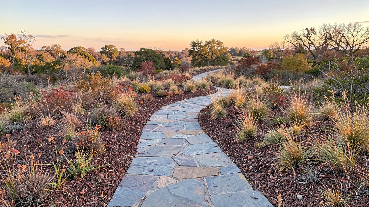 Limestone walking trail at dusk where North Texas wildlife and snakebite encounters can occur among autumn grasses.