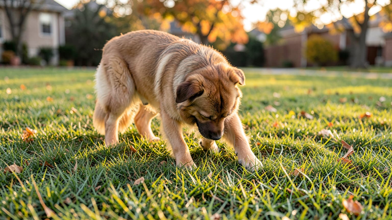 Dog walking through a grassy lawn where outdoor hazards like a dog stung by bee can occur.