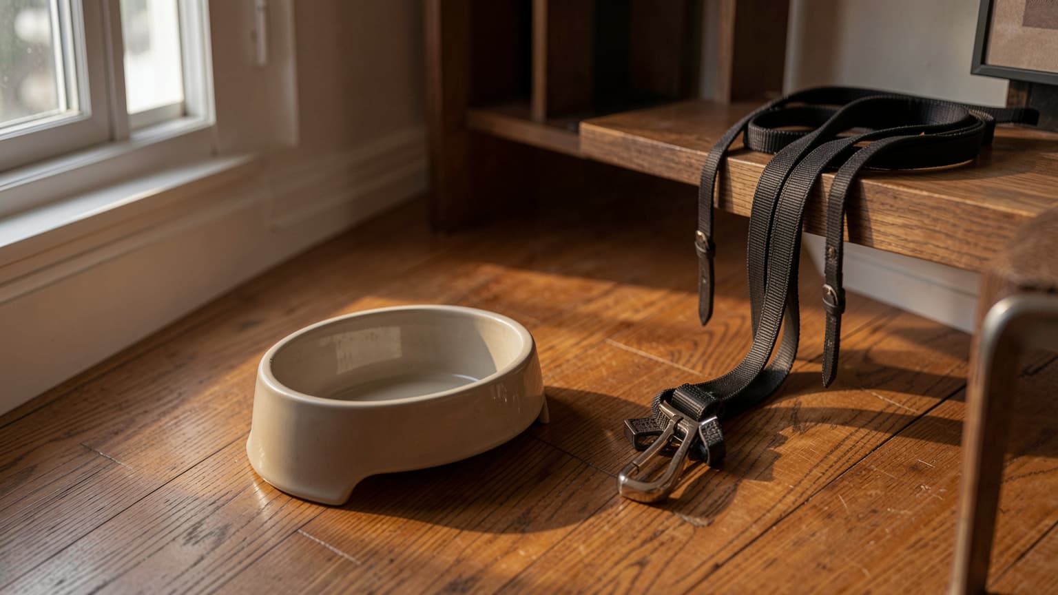 Empty dog bowl beside a leash on the floor as a dog throwing up white foam needs evaluation.