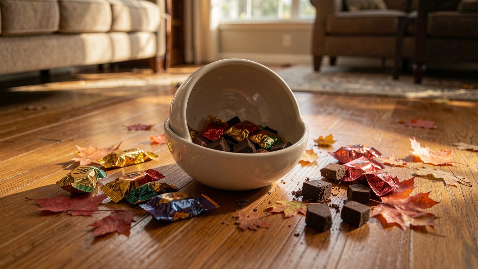 Overturned ceramic candy bowl with dark chocolate squares on hardwood floor for holiday pet toxicity guidance.