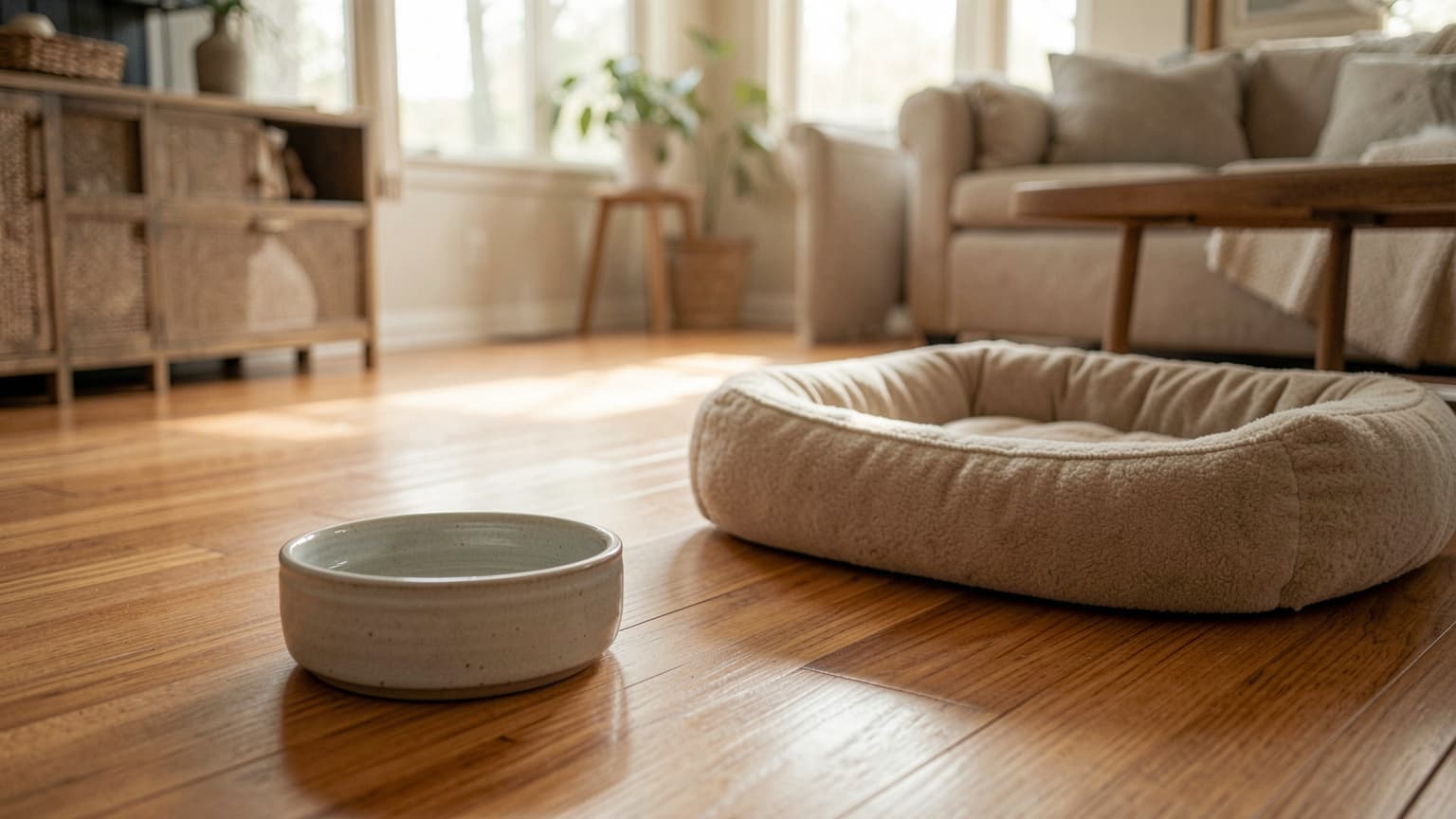 Living room floor and cat bowl in a home where a cat vomiting white foam needs veterinary attention.