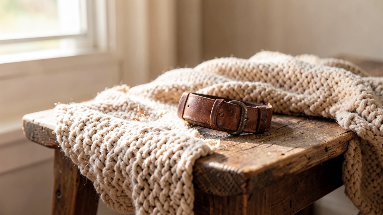 Worn leather dog collar on a wooden bench, reflecting compassionate care and the average cost to euthanize a dog in Texas.