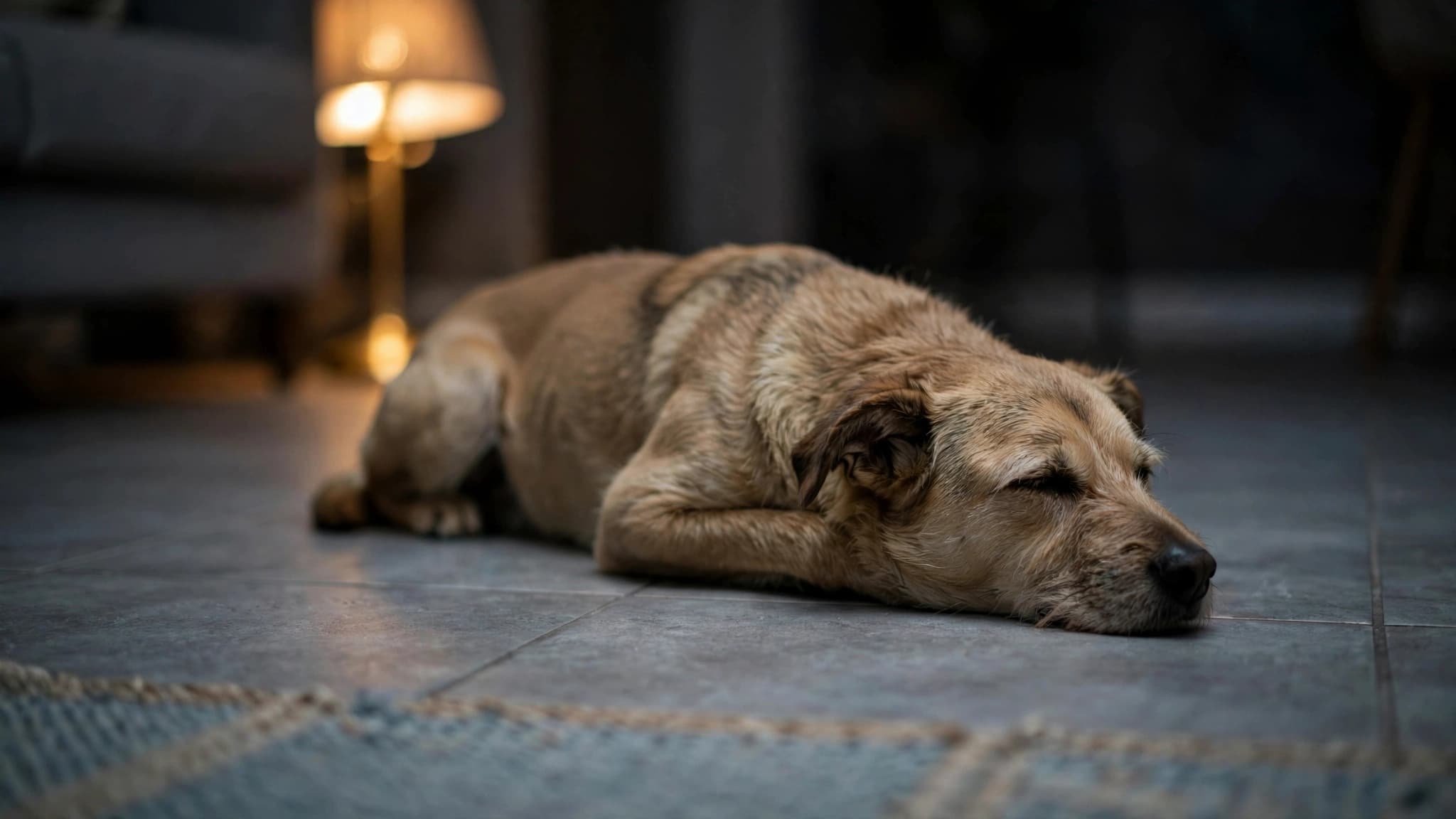 Tan mixed-breed dog lying on gray tile in a dim room, ribs visibly lifting with dog panting at rest