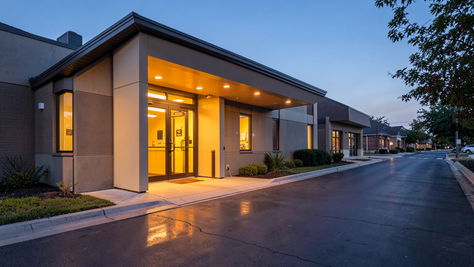 Illuminated entrance of a 24-hour veterinary Dallas emergency hospital at dusk for walk-in pet trauma care.